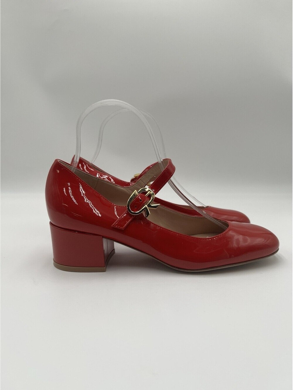 Gianvito Rossi Mary Ribbon block heel pump in tabasco red patent leathe Size 37